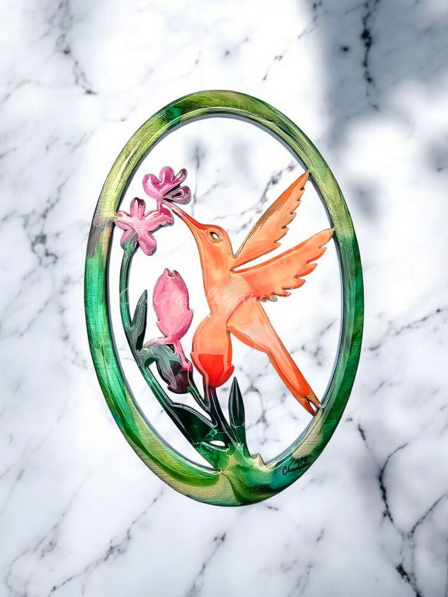 Small Hummingbird with Flowers Oval Frame Wall Decor