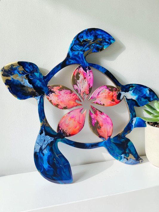 Handcrafted Coastal Polynesian Tripical Flower Sea Turtle Wall Decor
