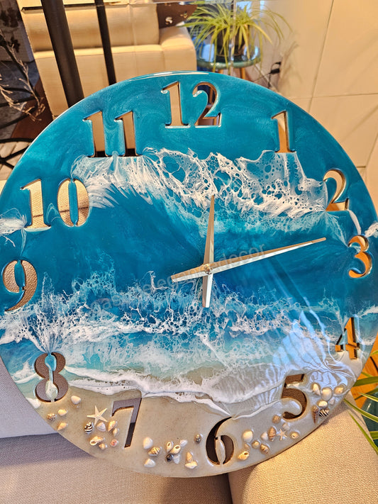 Large 19.5 Inch Standard Number Wall Clock -  Sandy Beach Design with Turquoise Ocean Waters