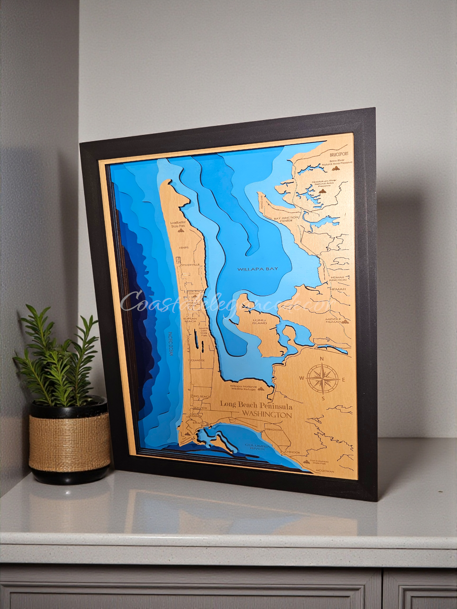 🌊 Long Beach Peninsula, Washington | 8-Layer 3D Bathymetric Laser-Cut Wood Map