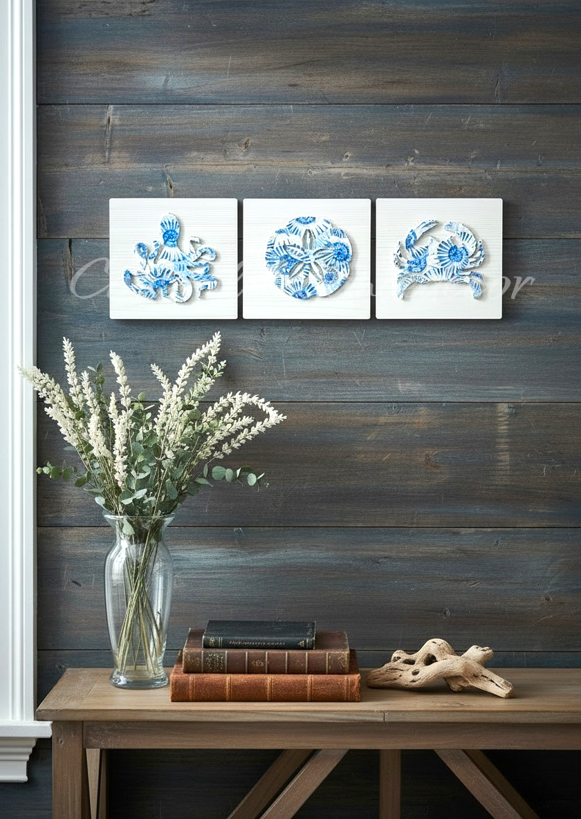 3D acrylic sea creature tiled wall decoration with whitewashed wood-look finish