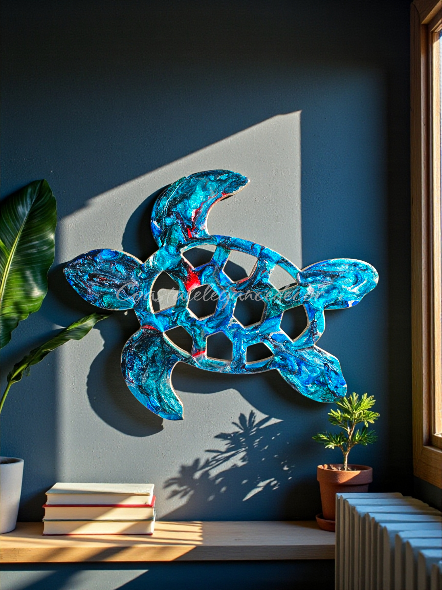 Beautiful Blue & Turquoise Shimmer Handmade Sea Turtle Wall Decoration by Coastal Elegance Decor, featuring a vibrant sea turtle design that adds a tropical touch to home interiors.
