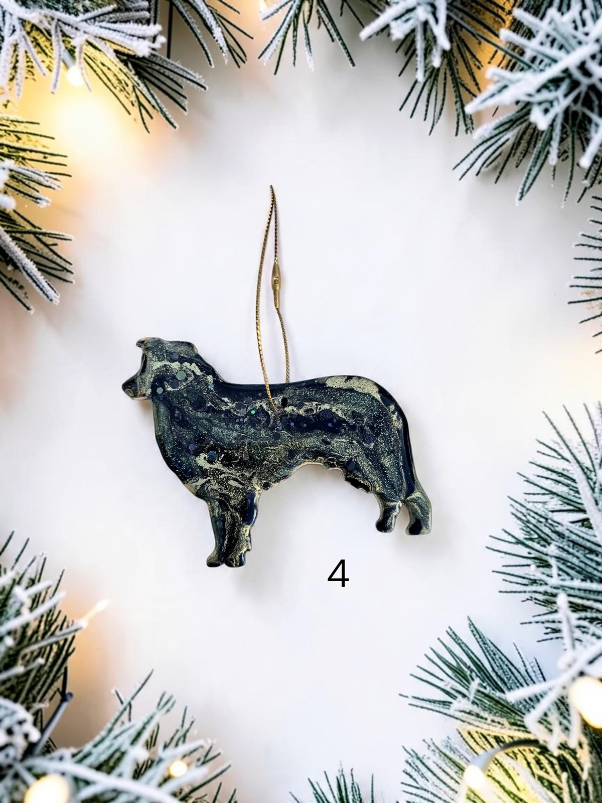 Handmade black and gold Australian Shepherd resin dog ornament 