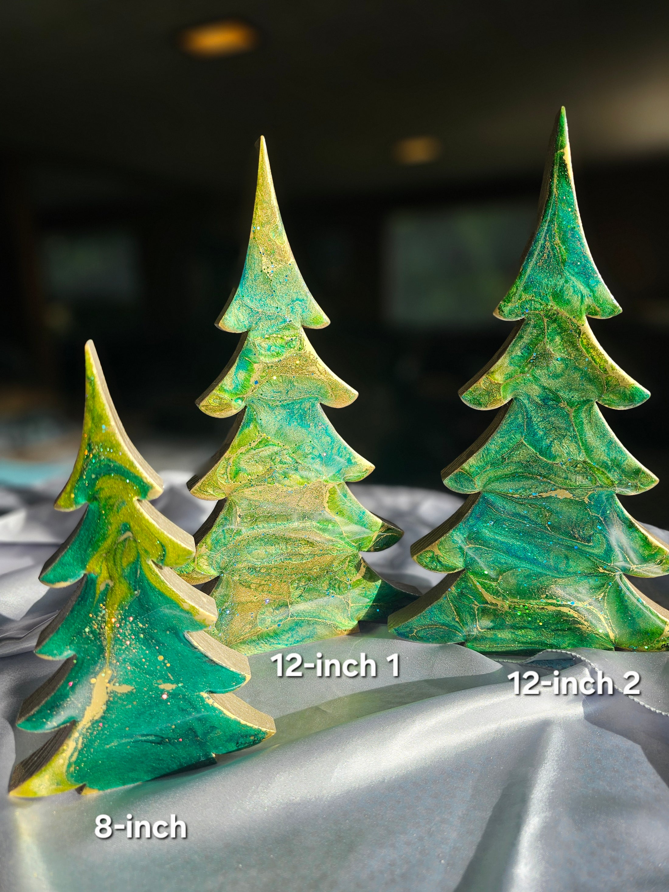 Handcrafted Gemtone Green & Gold Tabletop Sparkly Christmas Trees 12 Inches - Delightful holiday decoration showcasing unique design with chunky wood and sparkling resin, ideal for festive table settings.