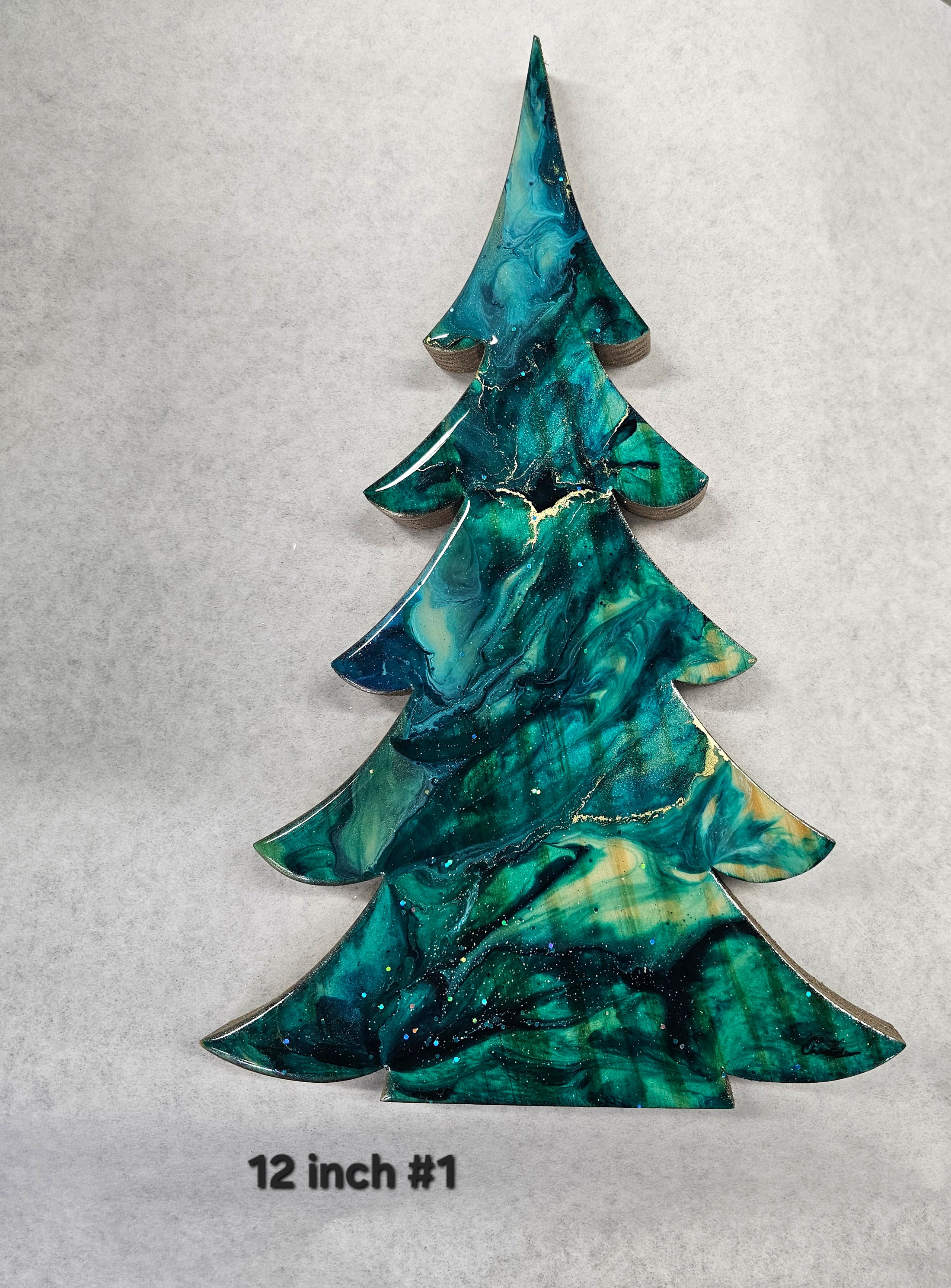 Handmade Teal and Gold Christmas Trees with Branches Holiday Shelf Sitter in 15 inch size, showcasing unique patterns and vibrant colors for festive decor.