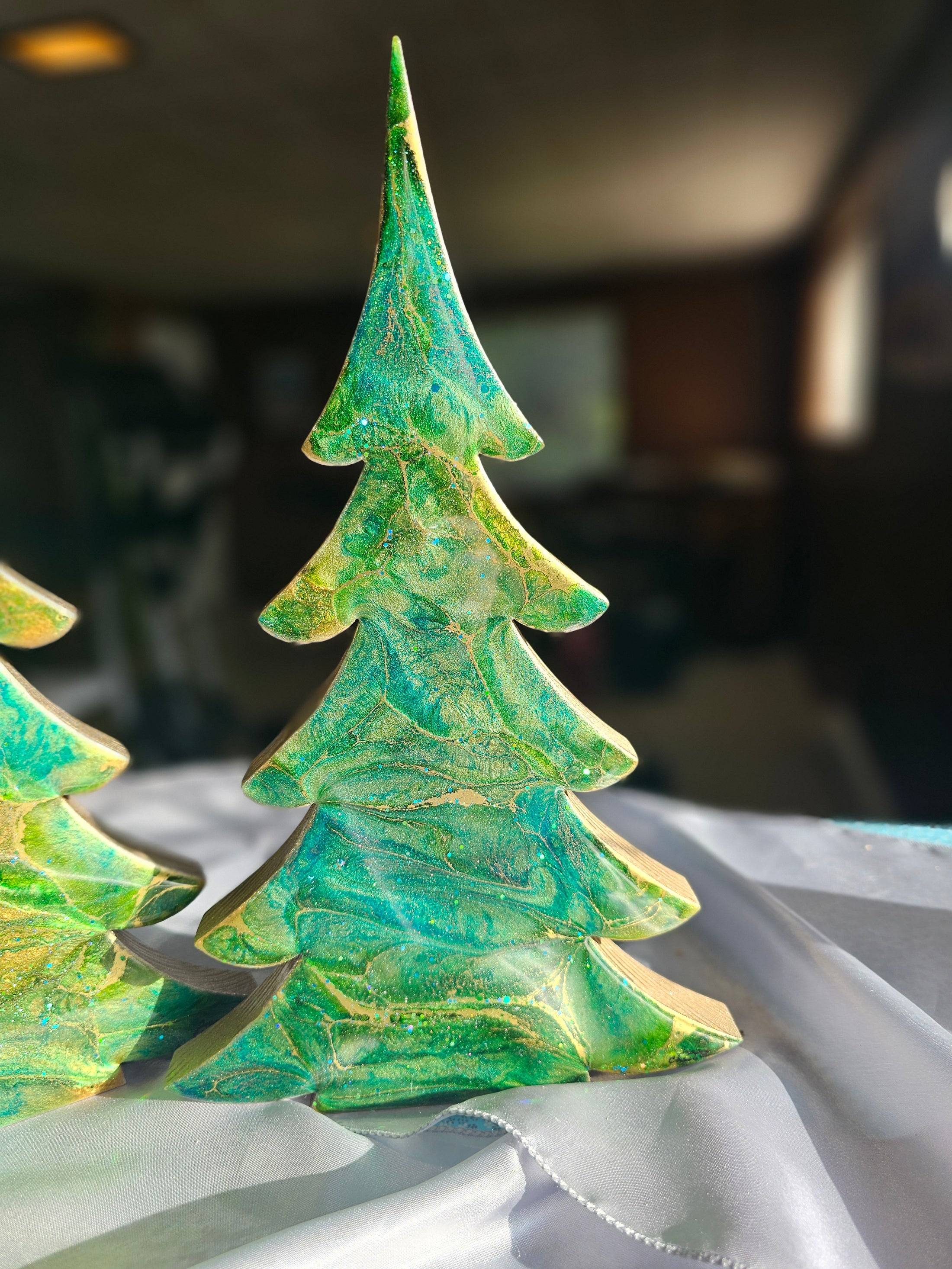 Stylish arrangement of Handcrafted Gemtone Green & Gold Tabletop Sparkly Christmas Trees showcasing both sizes, an enchanting display for bringing festive joy to your home.