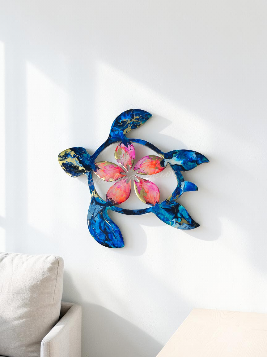 Handcrafted Coastal Polynesian Tripical Flower Sea Turtle Wall Decor