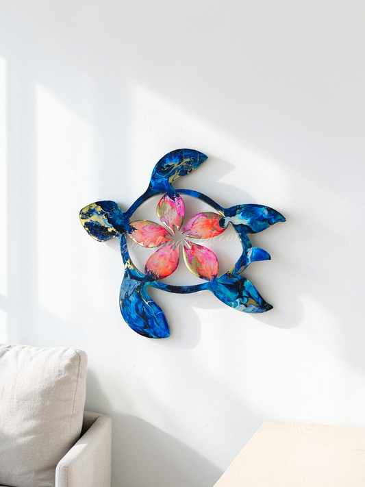 Handcrafted Coastal Polynesian Tripical Flower Sea Turtle Wall Decor