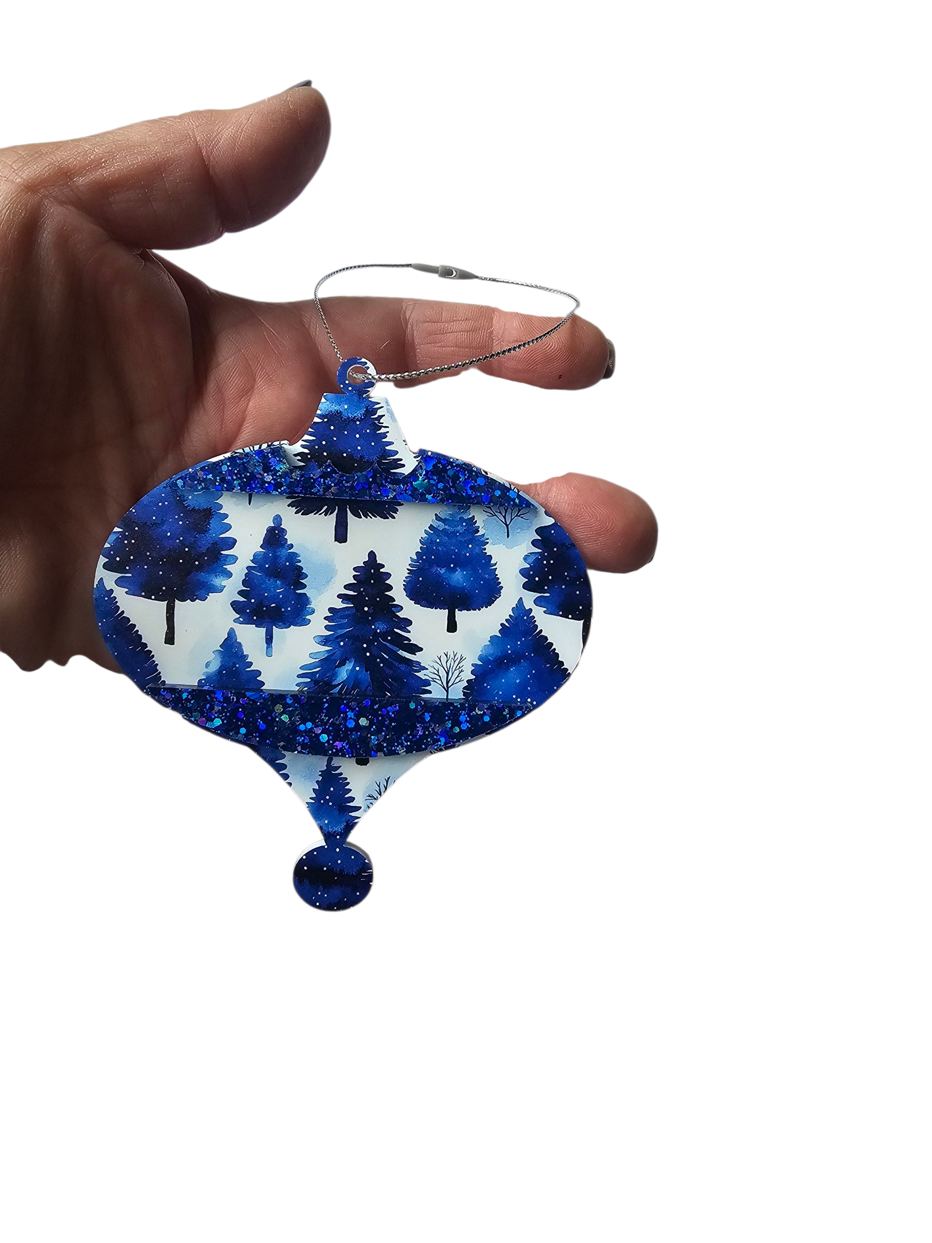 Mid Century Modern Retro Style Blue Watercolor Snowy Trees Christmas Ornaments 3 Styles