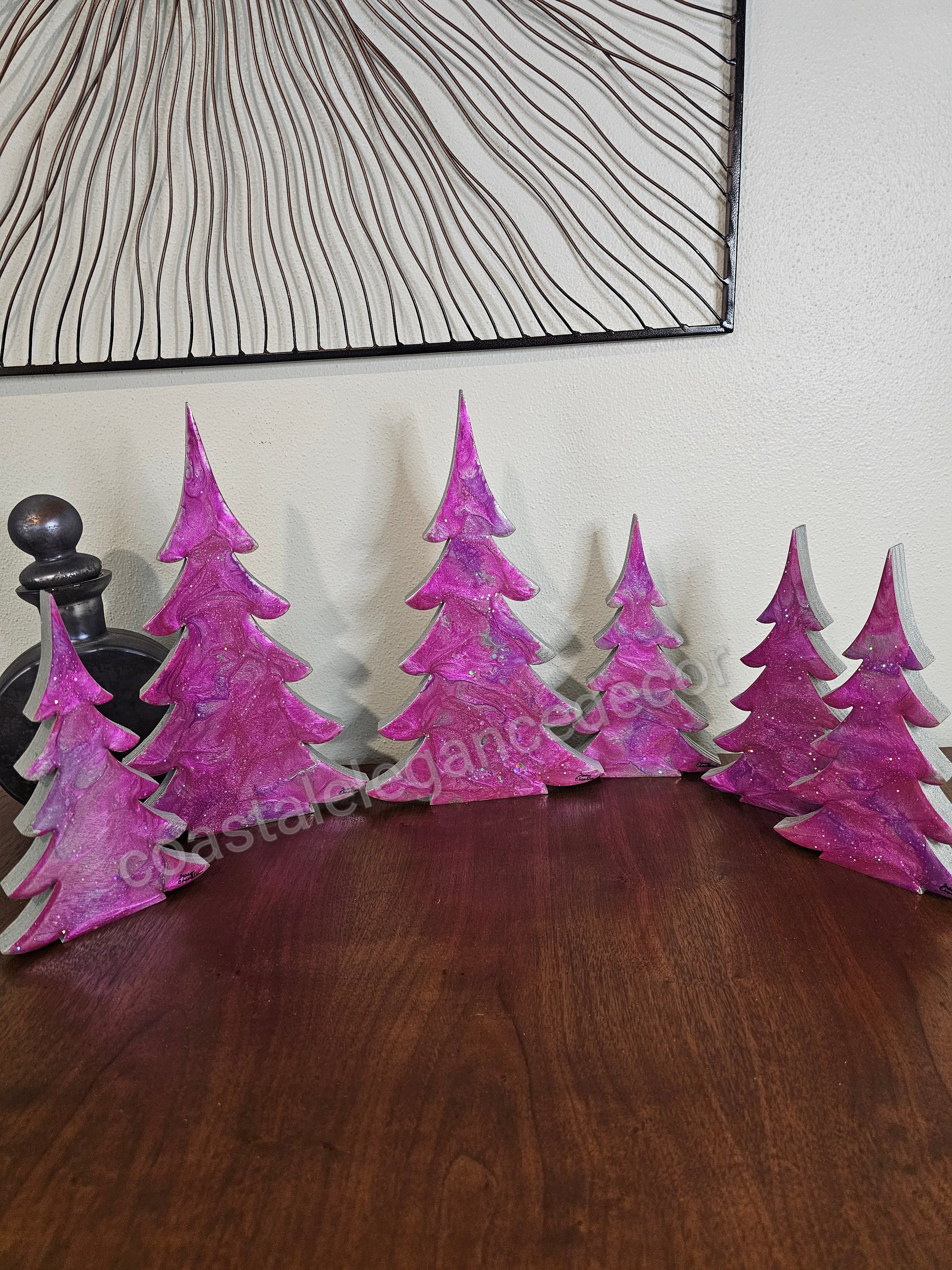 Hot Pink Silver Evergreen Christmas Trees Mantel Sitter Holiday Tabletop Decoration showcasing the 12 inch size.