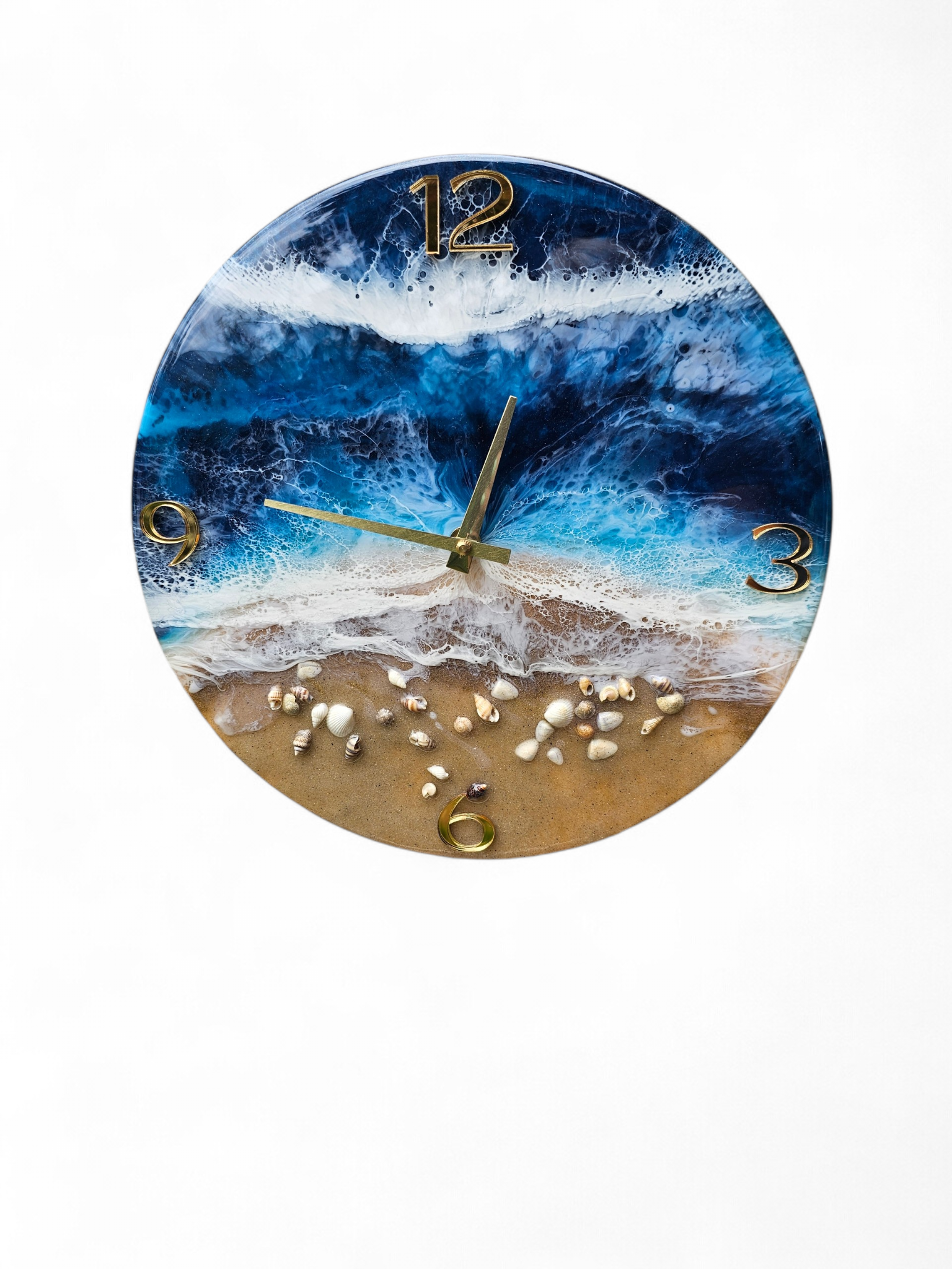 Handmade 12" Deep Blue Ocean Resin Wall Clock – Contemporary Gold Wave Art