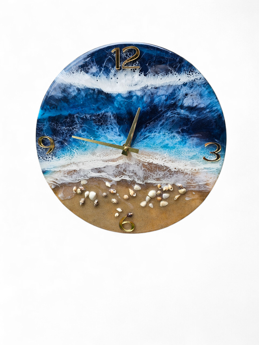 Handmade 12" Deep Blue Ocean Resin Wall Clock – Contemporary Gold Wave Art