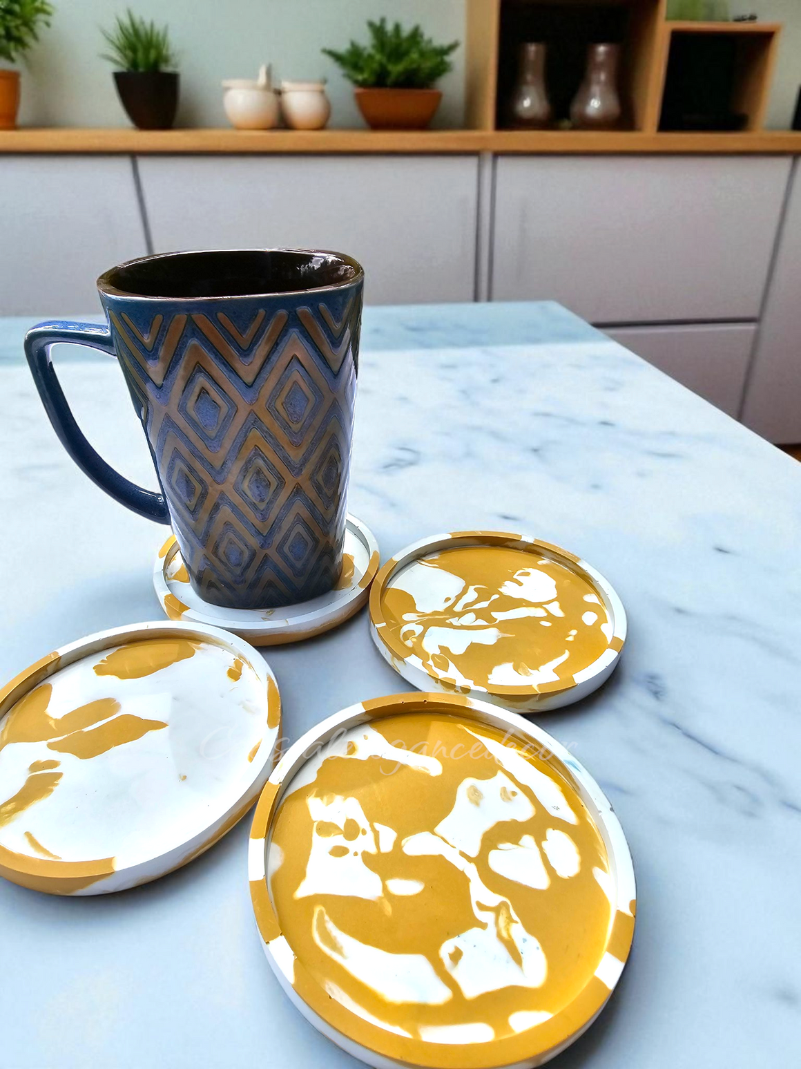 Abstract Jesmonite Round Drink Coasters Set 4 Inch Yellow