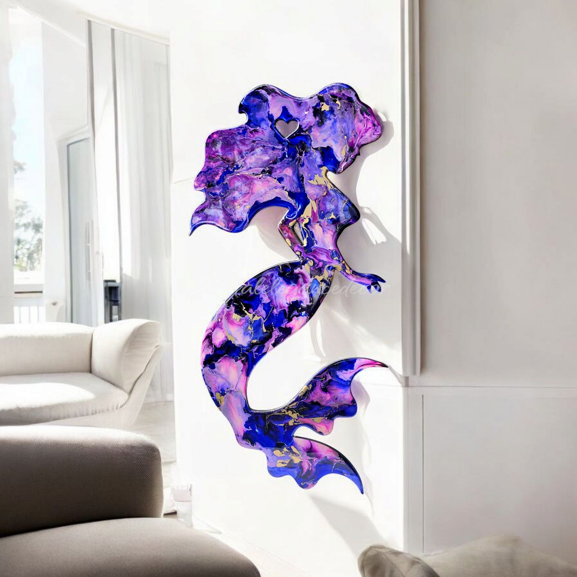 Large Handmade Big Hair Curvy Tail Gorgeously Colored Purple and Pinks Mermaid Wall Art