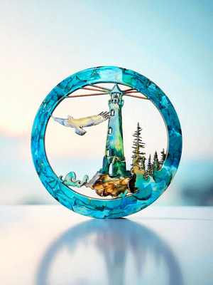 Unique Lighthouse Wall Art with Eagle and Tree Scene in Multiple Colors - 15.75" Round Framed Decor