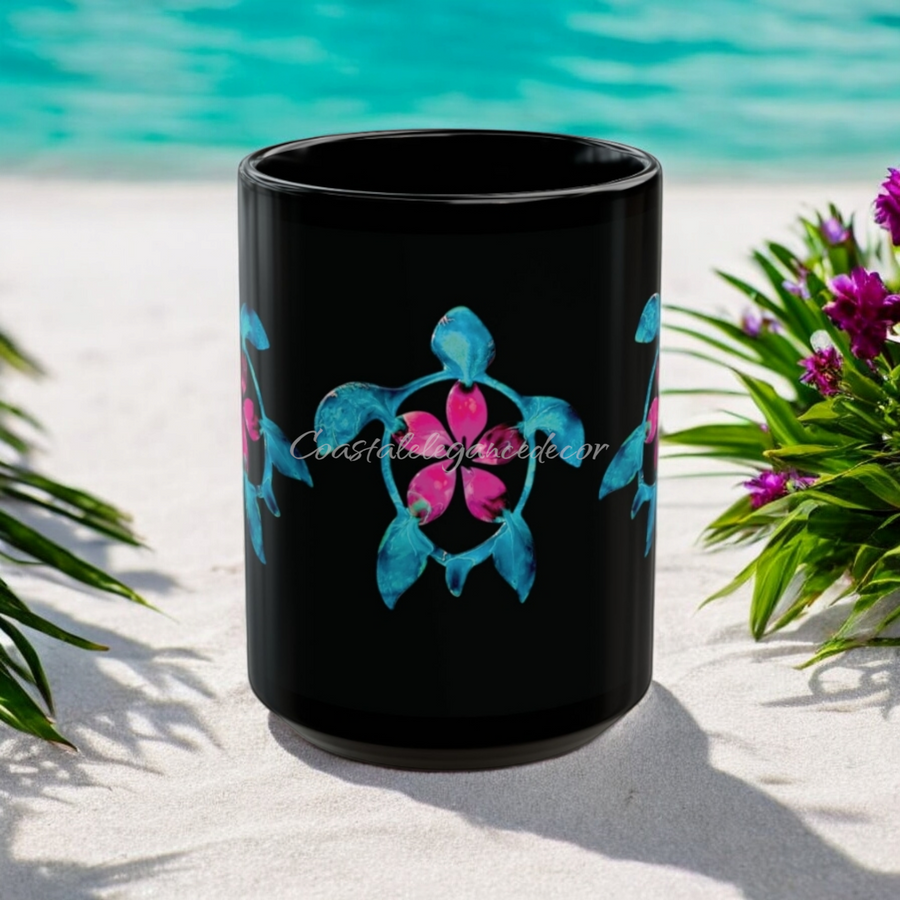 Polynesian Original Art Turtle with Flower Black Coffee Cup Mug 2 Sizes