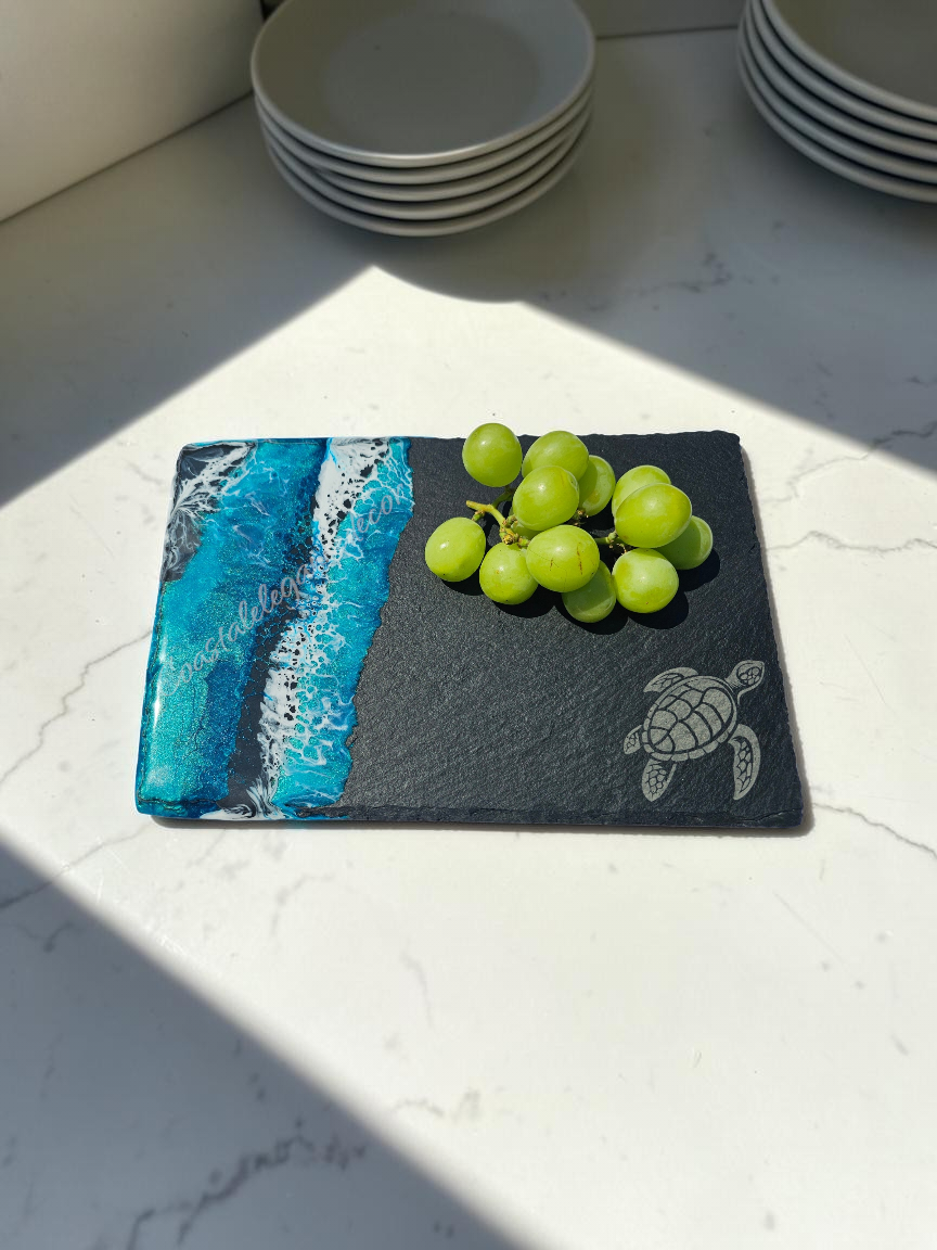 Slate & Ocean Resin Wave Charcuterie Board | Sea Turtle Coastal Serving Platter (12" x 8")