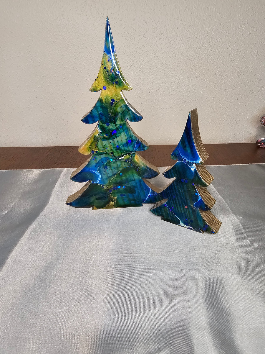 Christmas Trees with Branches Holiday Tabletop Decoration Chunky Wood with Resin Blues with Green Accents Lg or Sm