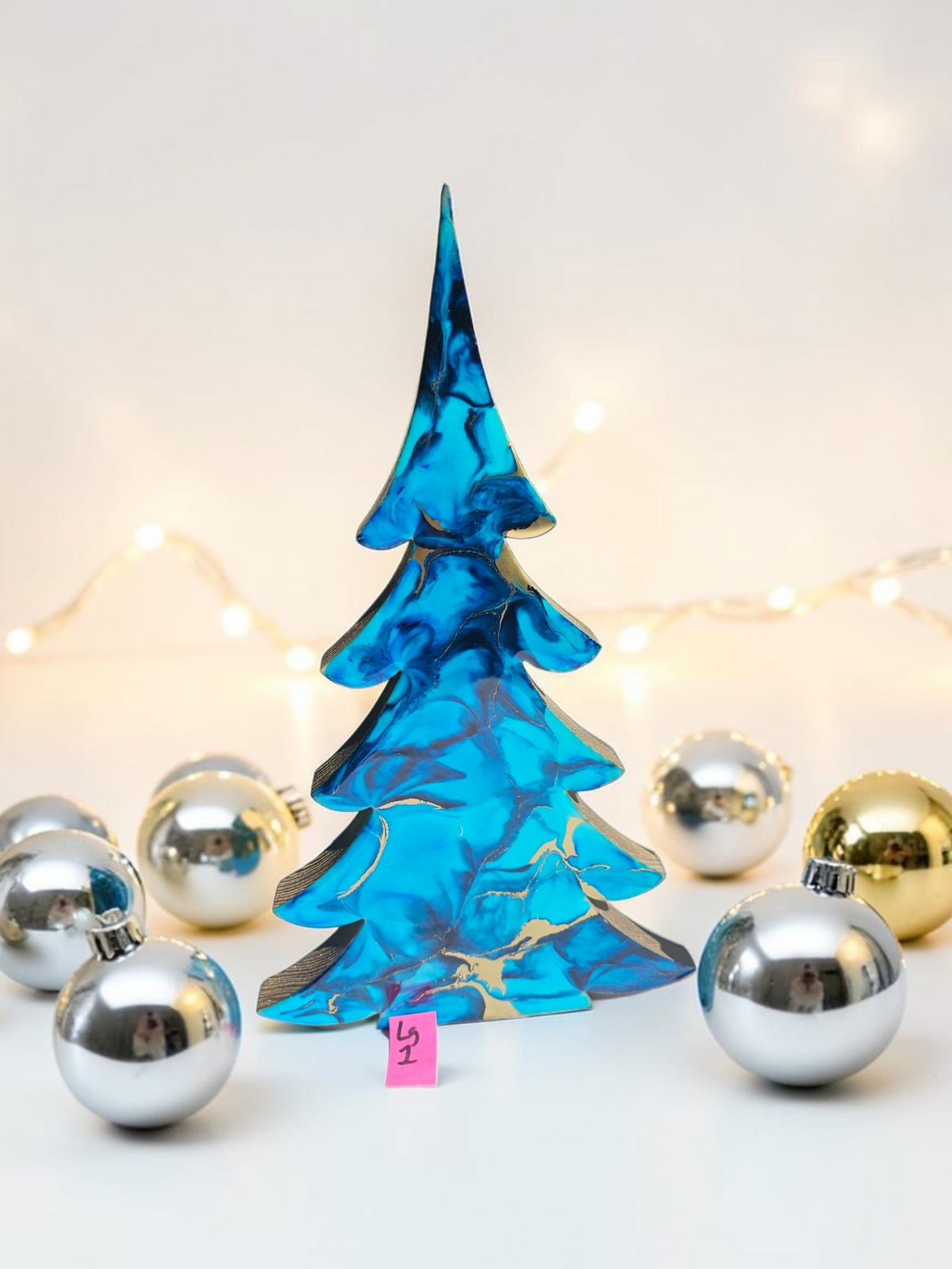 Handmade Light Blue, Navy & Gold Resin Wood Trees | Coastal Contemporary Tabletop Decor