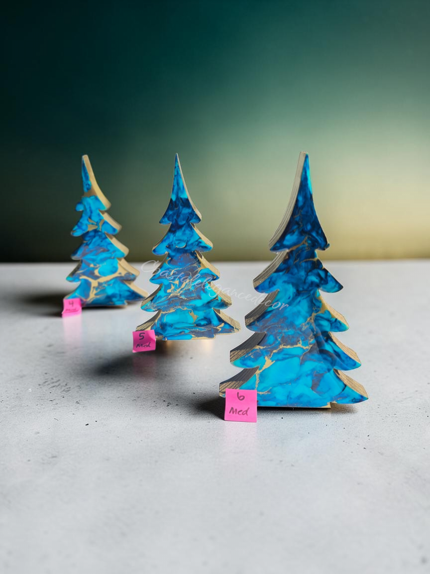 Handmade Light Blue, Navy & Gold Resin Wood Trees | Coastal Contemporary Tabletop Decor