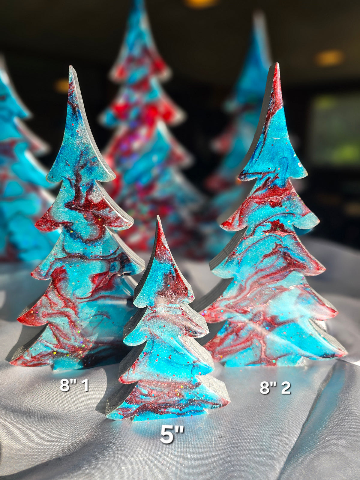 Handmade Silvery Blue and Red Christmas Trees Holiday Shelf Sitter Mantelpiece 3 Sizes