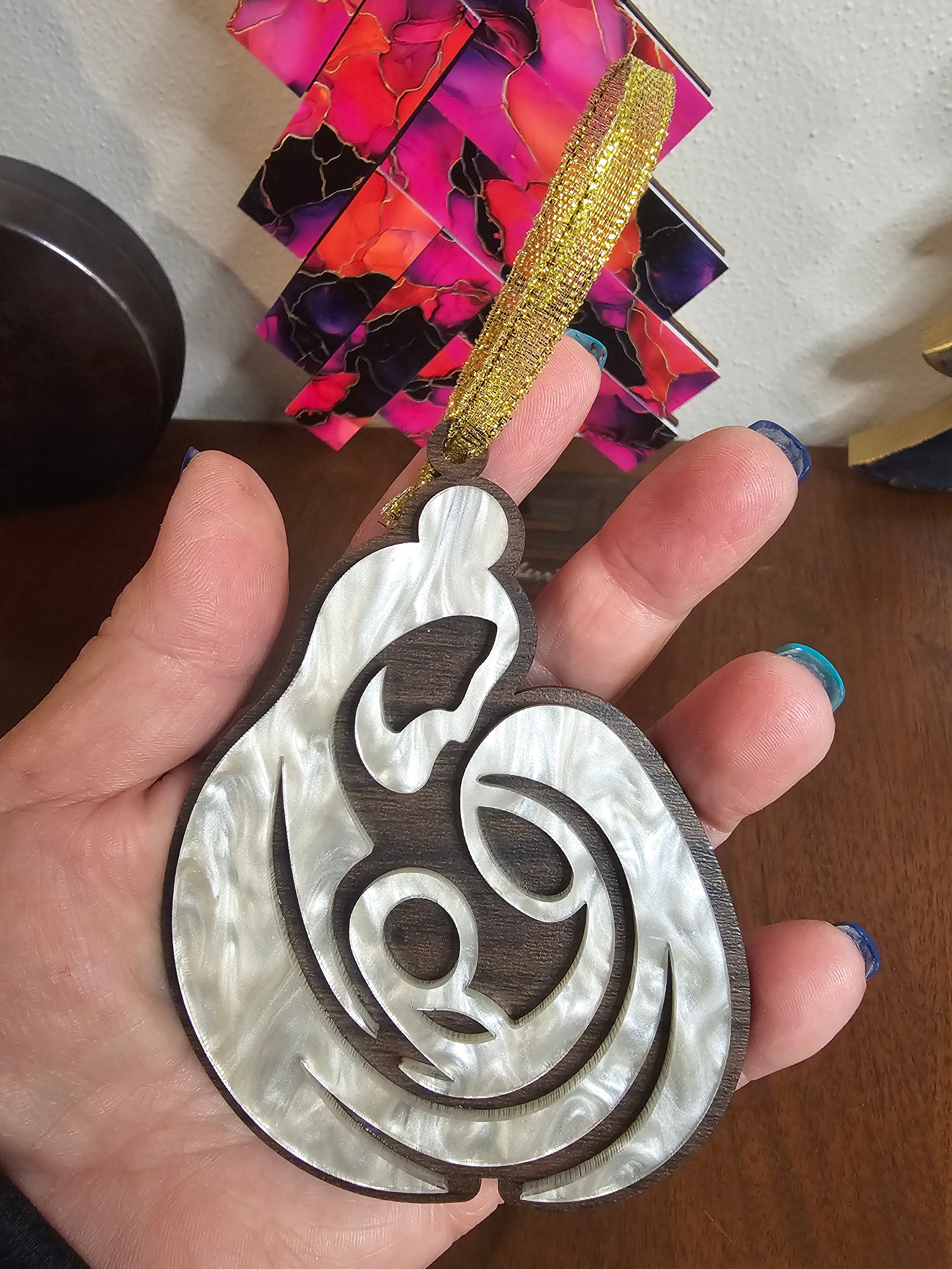 Layered Pearl Acrylic on Dark Wood Angel or Mary Joseph & Jesus Handmade Christmas Ornaments