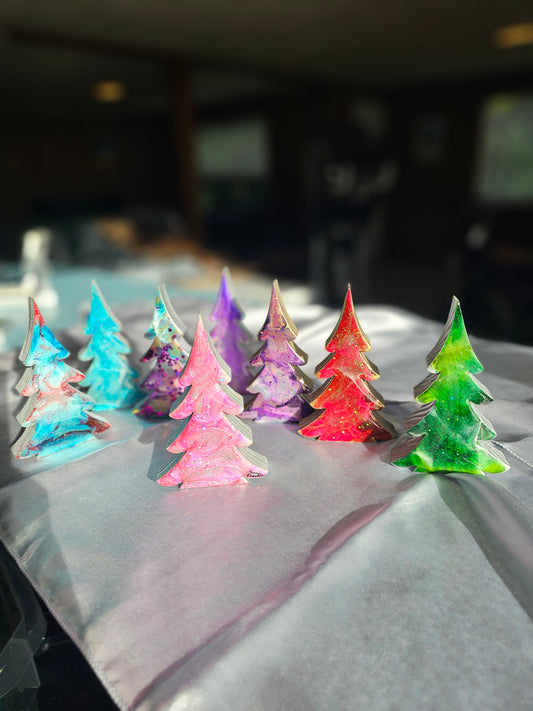 Handcrafted 5-Inch Christmas Trees with Colorful Resin and Wood for Holiday Tabletop Decor showcasing a vibrant display against a festive background.