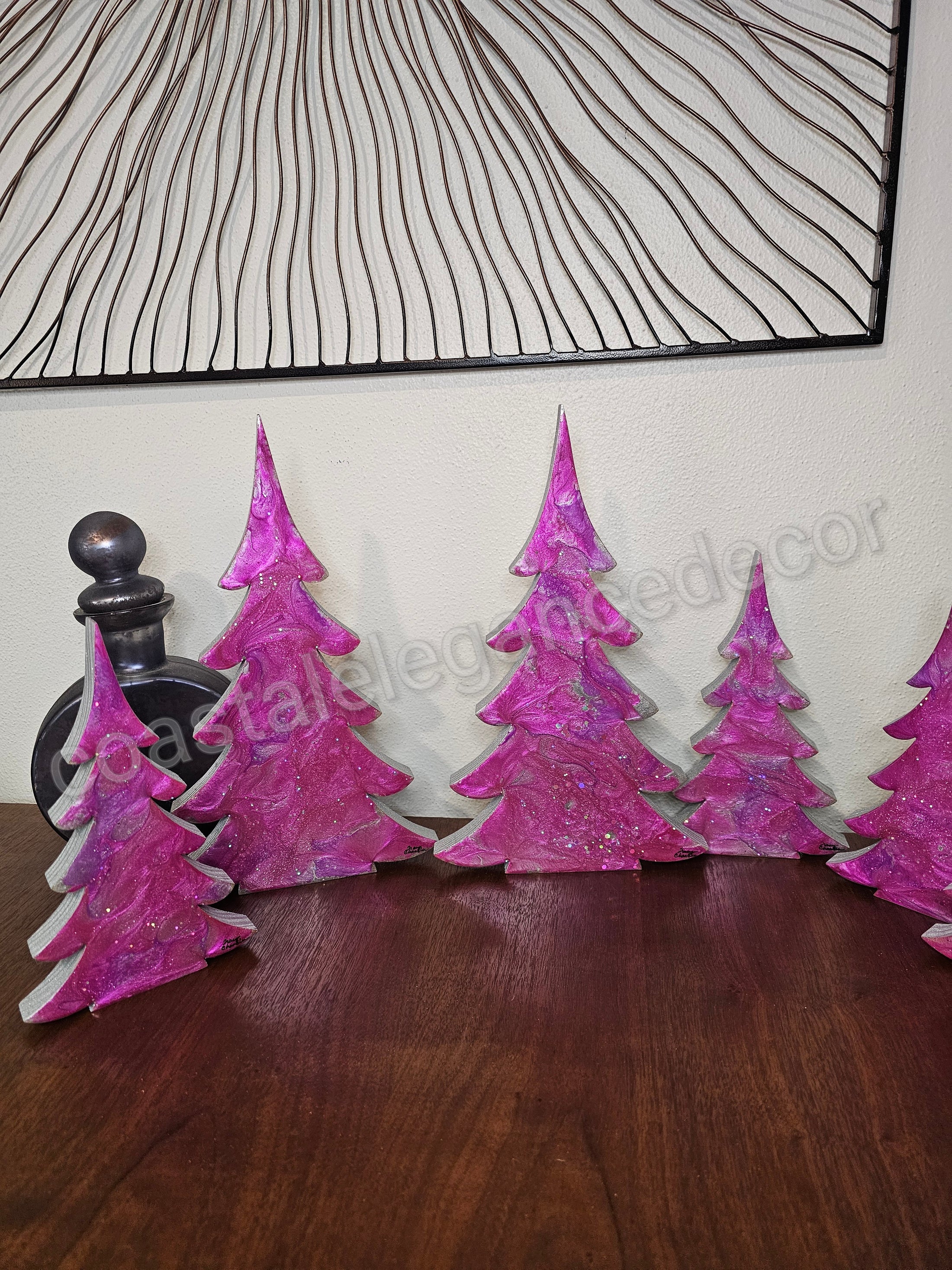 Hot Pink Silver Evergreen Christmas Trees Mantel Sitter Holiday Tabletop Decoration in a vibrant glam design.