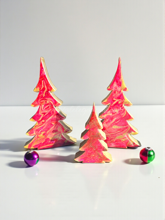 Handmade Lipstick Red and Gold Resin Wood Christmas Trees Holiday Mantelpiece in 5 inch size, perfect for festive indoor decor.