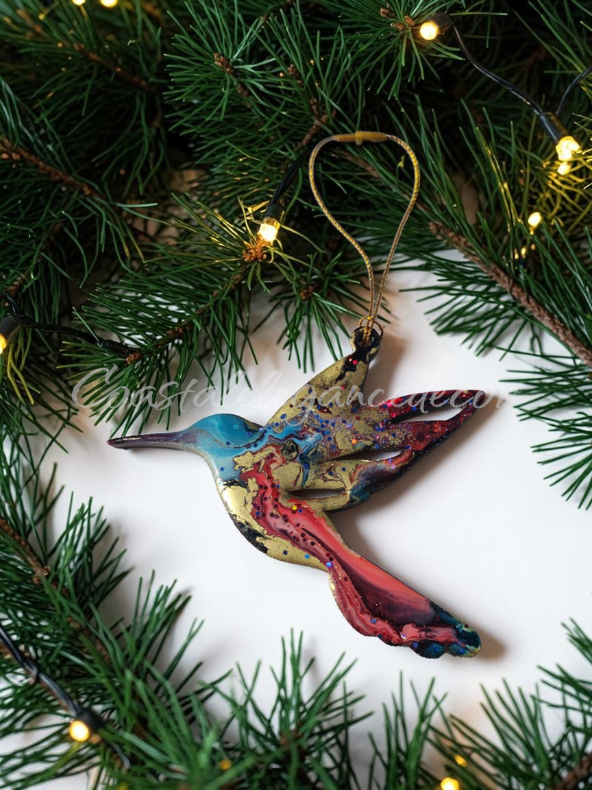 Sparkly Handmade Resin and Wood Hummingbird Christmas Ornaments