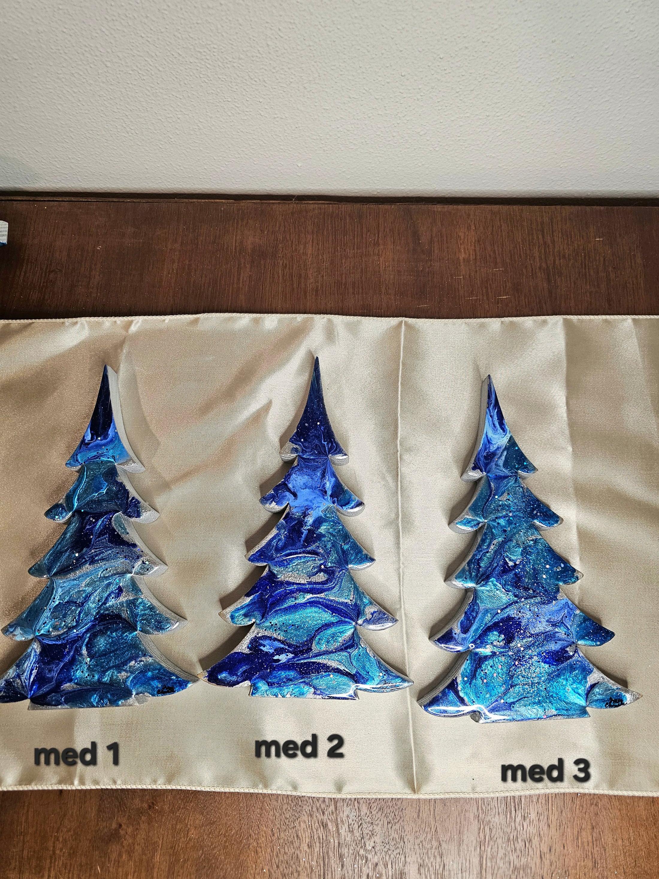 Handmade Cobalt and Silvery Blue Resin Wood Christmas Tree - XL 15" for Holiday Mantelpiece Decoration by Coastal Elegance Decor.