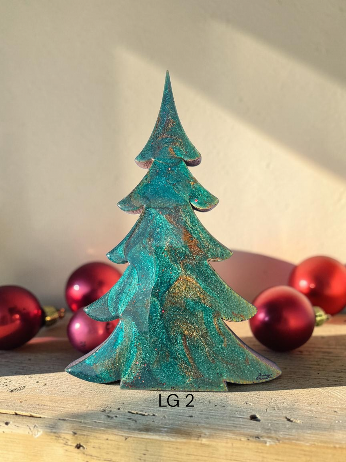 Deep Emerald Green & Copper Resin Wood Christmas Tree | 3D Tabletop Holiday Centerpiece | Jewel Tone Winter Mantel Decor