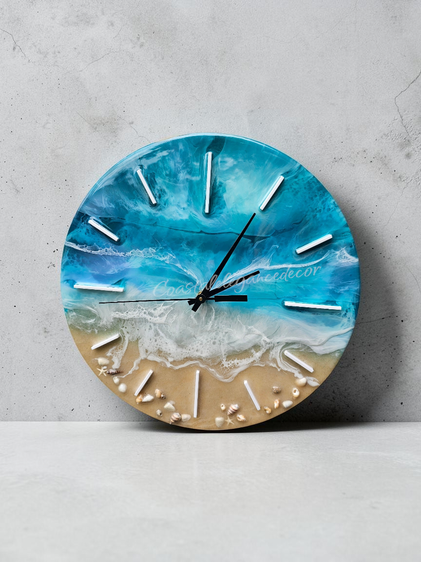 Handmade 12" Soft Turquoise Ocean Resin Wall Clock – Pastel Wave Art