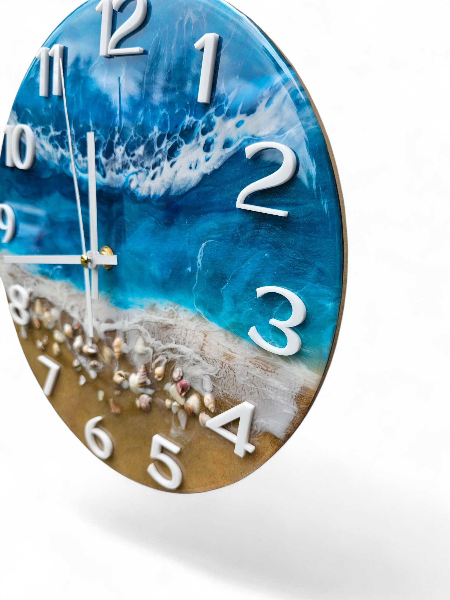 Handmade 12" Turquoise Ocean Resin Wall Clock – Full White Number Wave Art
