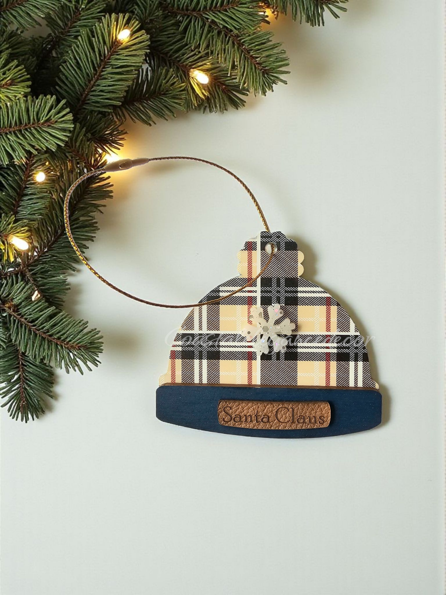 Personalized Designer Tan and Navy Plaid Winter Beanie Hat Ornament With Custom Leather Name Patch