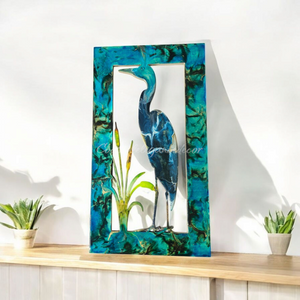 Unique Blue Heron with Cattails Rectangular Frame with Wall Decor