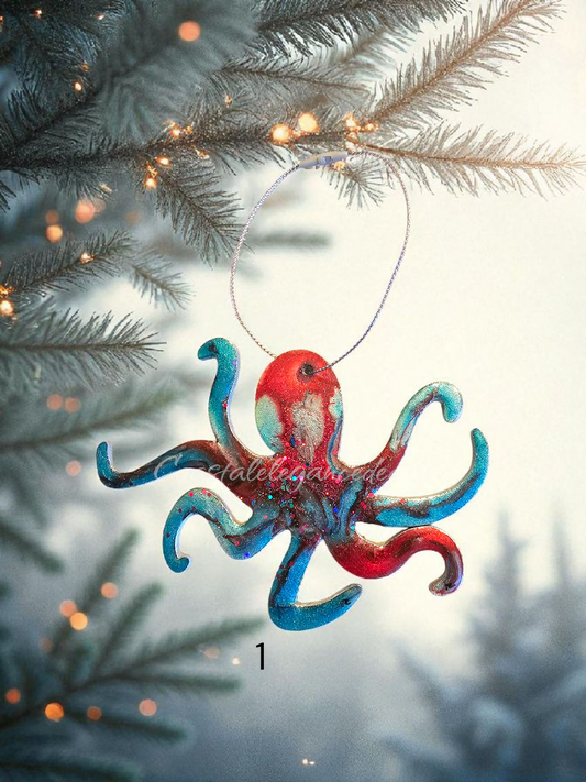Beachy Octopus Coastal Christmas Handmade Resin and Wood Ornaments
