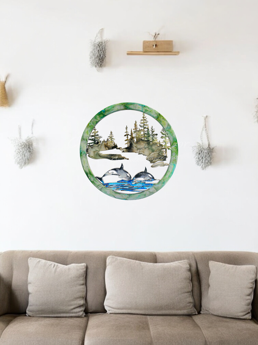 16" Orca and Forest Coastal Wall Art | Wood & Resin Round