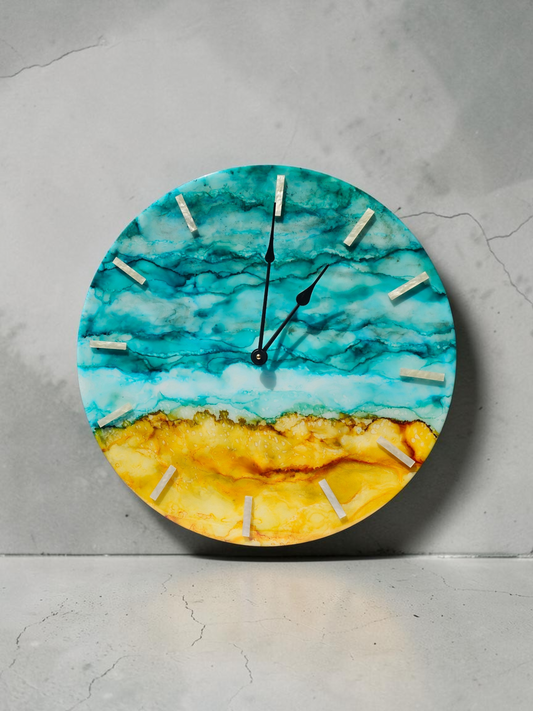Handmade 18" Abstract Coastal Wall Clock – Teal & Caramel Alcohol Ink Art with White Pearl Acrylic Ticks & Silent Sweep