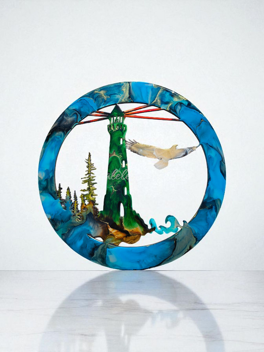 Unique Lighthouse Wall Art with Eagle and Tree Scene in Multiple Colors - 15.75" Round Framed Decor
