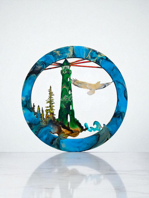 Unique Lighthouse Wall Art with Eagle and Tree Scene in Multiple Colors - 15.75" Round Framed Decor