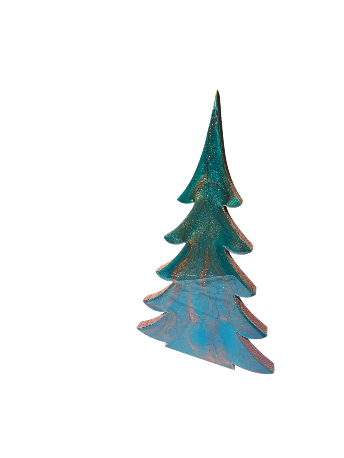Deep Emerald Green & Copper Resin Wood Christmas Tree | 3D Tabletop Holiday Centerpiece | Jewel Tone Winter Mantel Decor