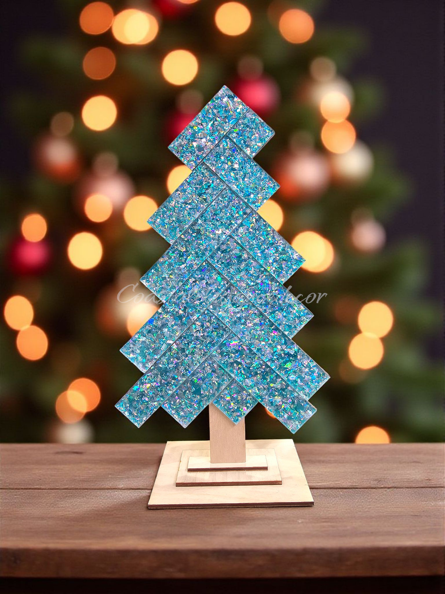 Chunky Blue Teal Glitter Contempary Patterned Handmade Herringbone Modern Sparkly Christmas Tree