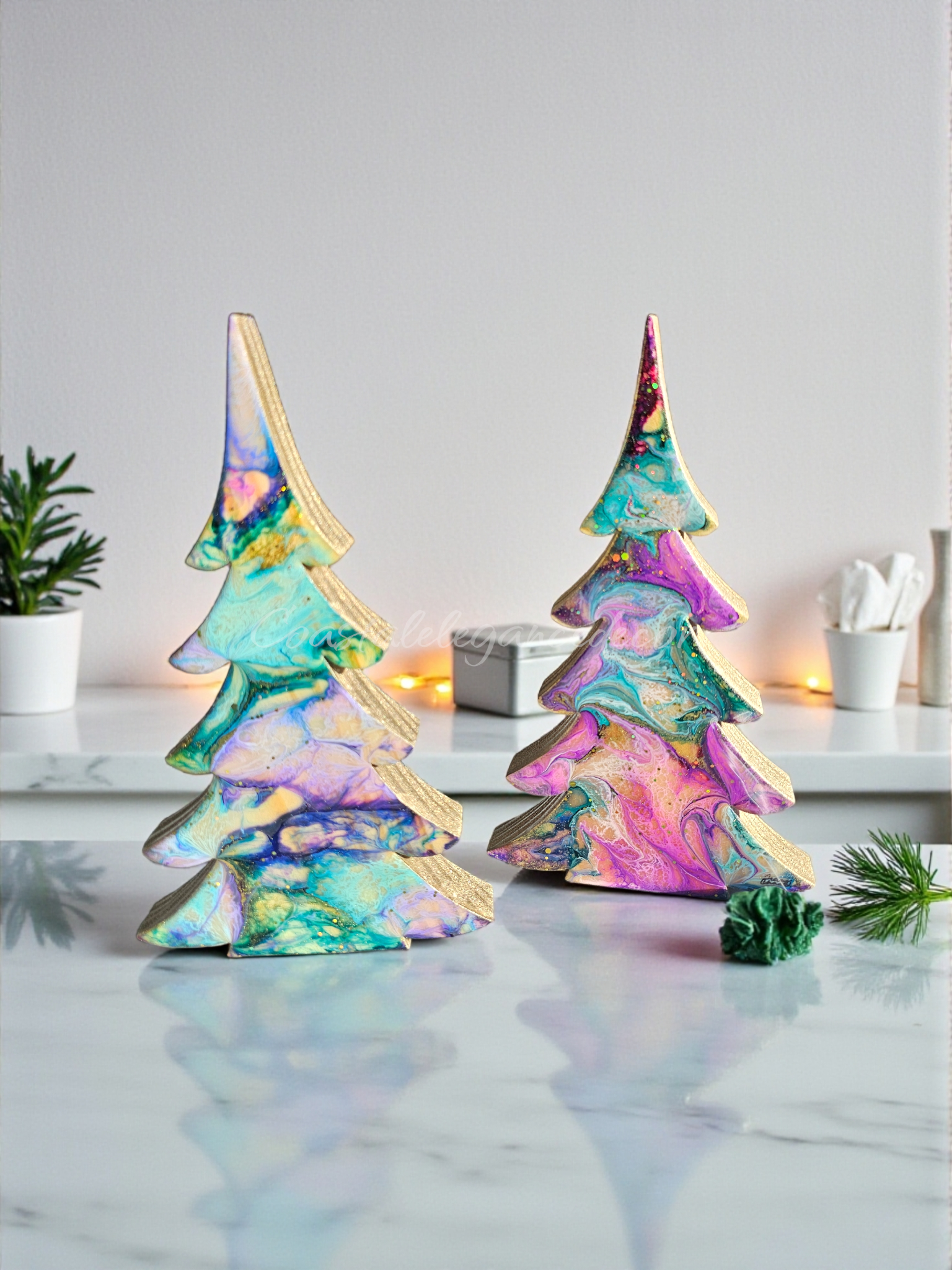 Handcrafted Pastels Tabletop Sparkly Christmas Trees 8 Inches showcasing the beautiful pastel colors and glittering gold accents.