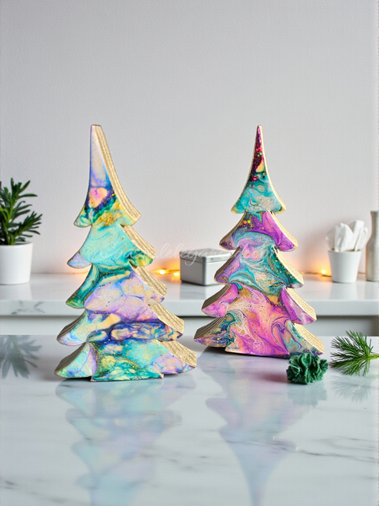 Handcrafted Pastels Tabletop Sparkly Christmas Trees 8 Inches showcasing the beautiful pastel colors and glittering gold accents.