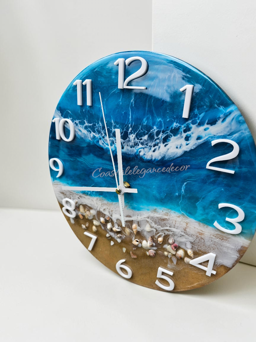 Handmade 12" Turquoise Ocean Resin Wall Clock – Full White Number Wave Art