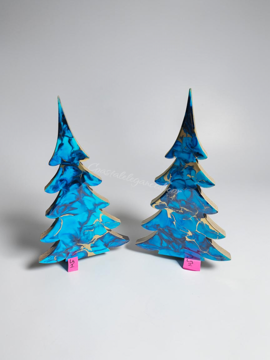 Handmade Light Blue, Navy & Gold Resin Wood Trees | Coastal Contemporary Tabletop Decor