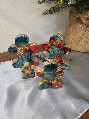 Chunky Wood with Resin Handmade Gingerbread Men Christmas Decorations Slate Blue and Red 3 Sizes