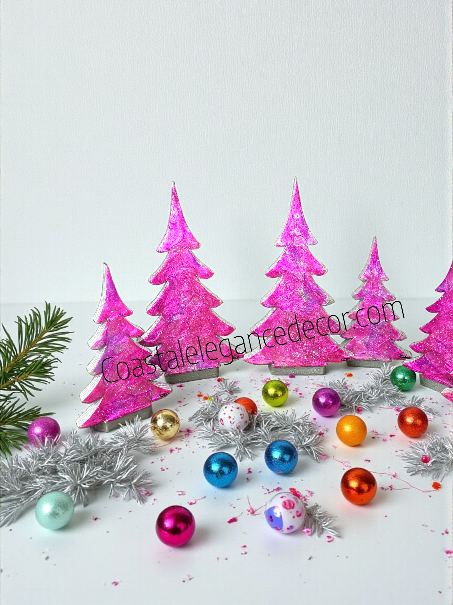 Hot Pink Silver Evergreen Christmas Trees Mantel Sitter Holiday Tabletop Decoration in 8 inch size.