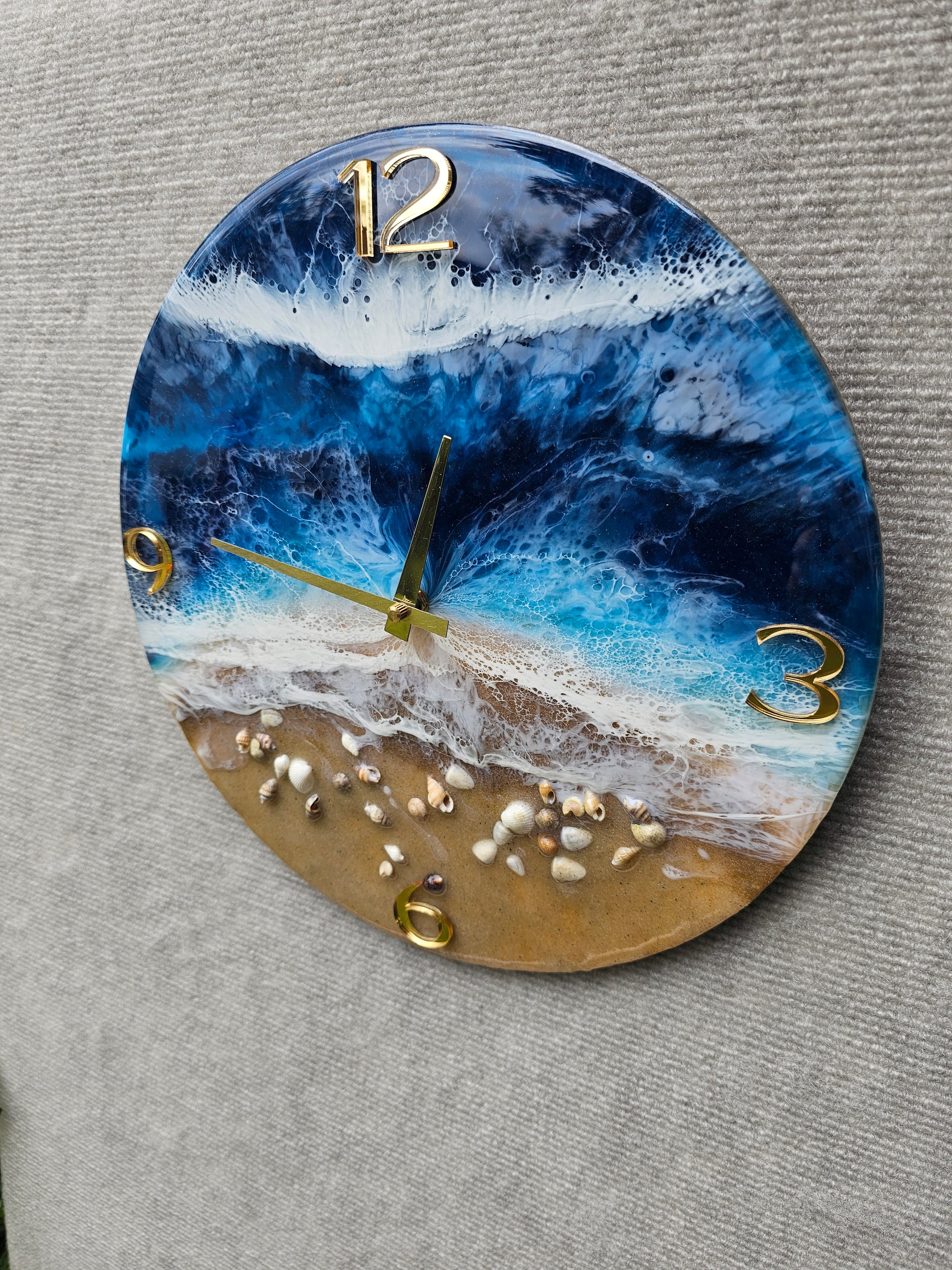 Handmade 12" Deep Blue Ocean Resin Wall Clock – Contemporary Gold Wave Art